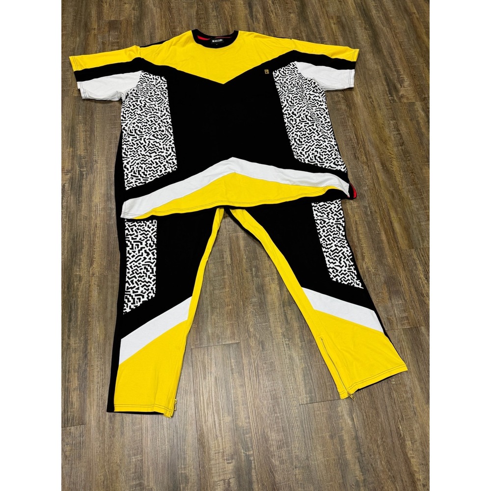 Makobi Mens 6XB Yellow Black Geometric Colorblock T-Shirt and Joggers Set MS555